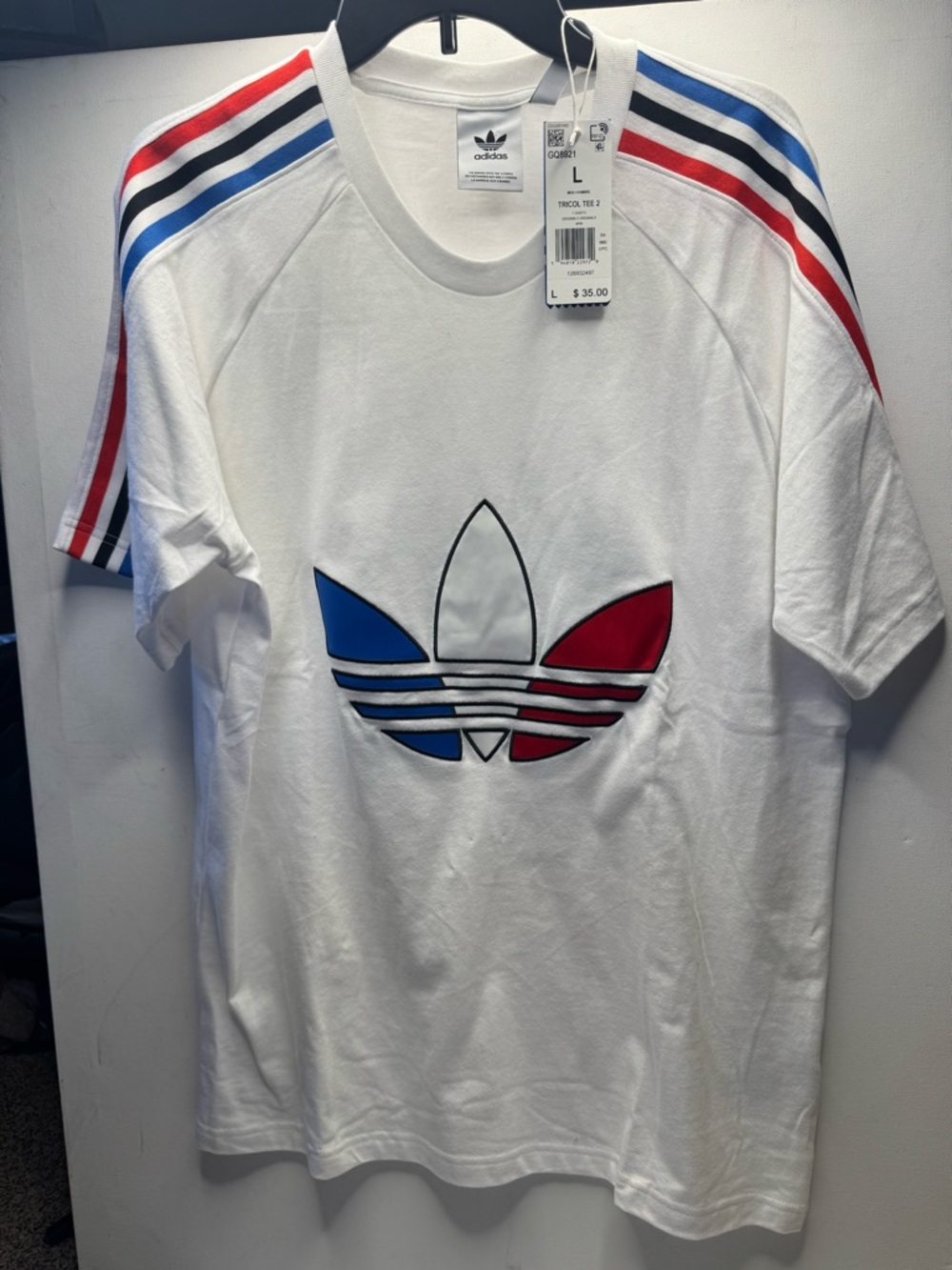 adidas White Short Sleeve Tee with Red & Blue Trefoil
